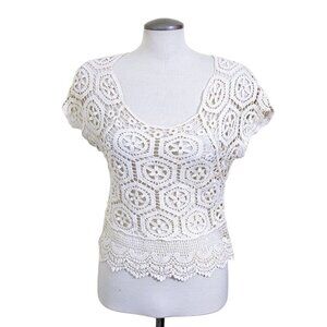 Rebellion Cropped Top Cream Size M Crochet Cotton Short Sleeve Festival Bohemian